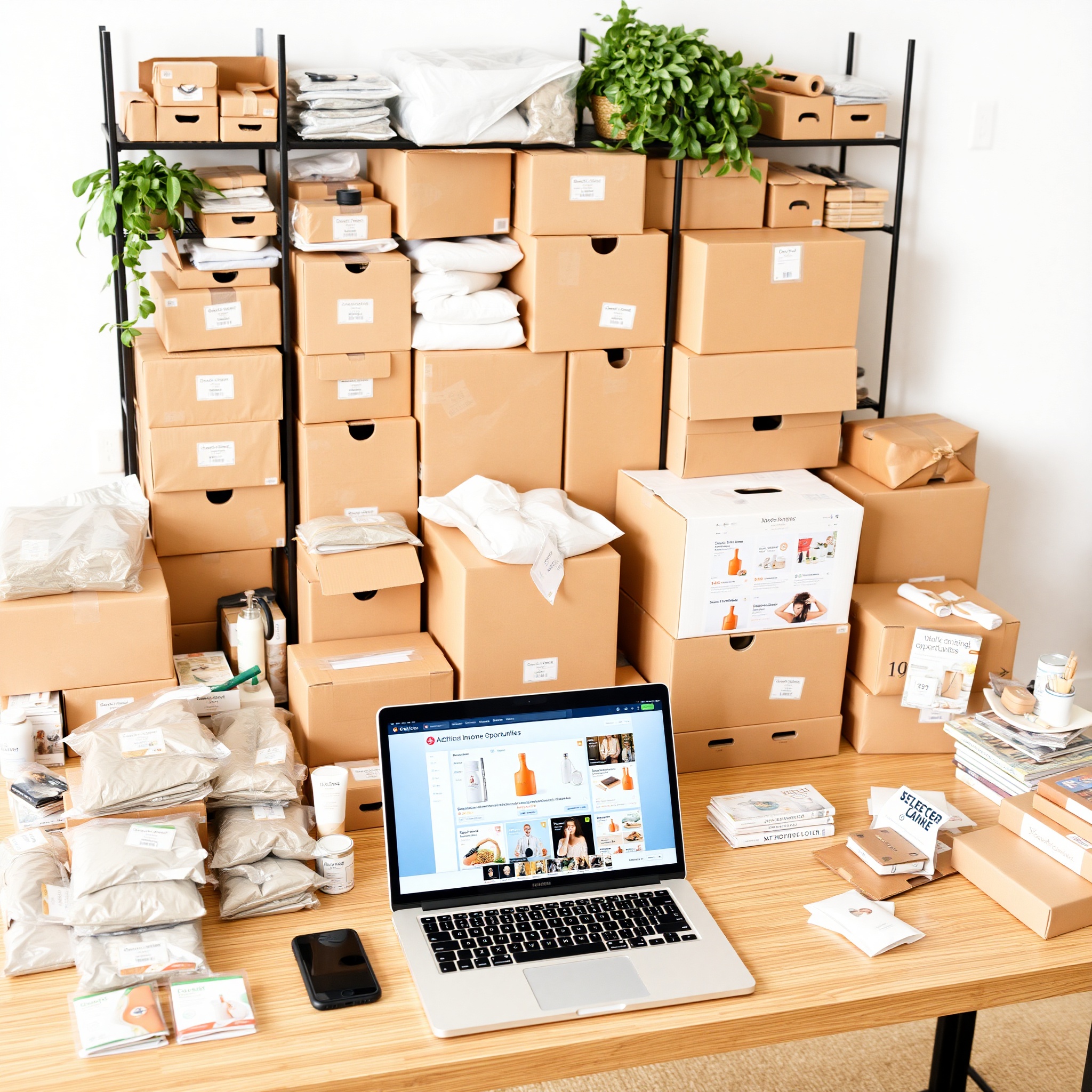 E-commerce store setup with products and shipping boxes on workspace