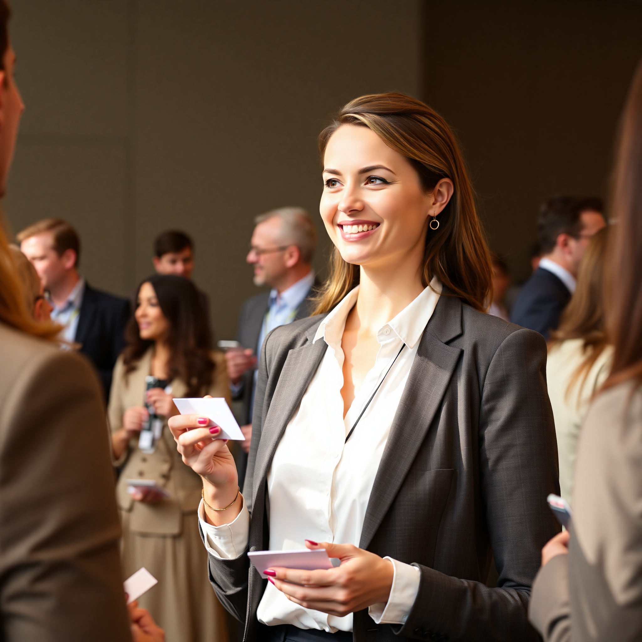Professional woman networking at industry conference, holding business card, smiling in conversation with colleagues