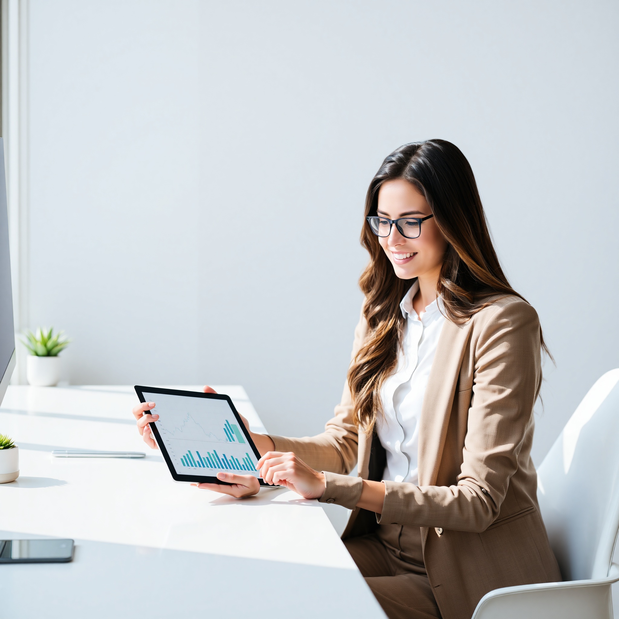 Successful professional woman smiling while reviewing financial growth charts and analytics on tablet at desk