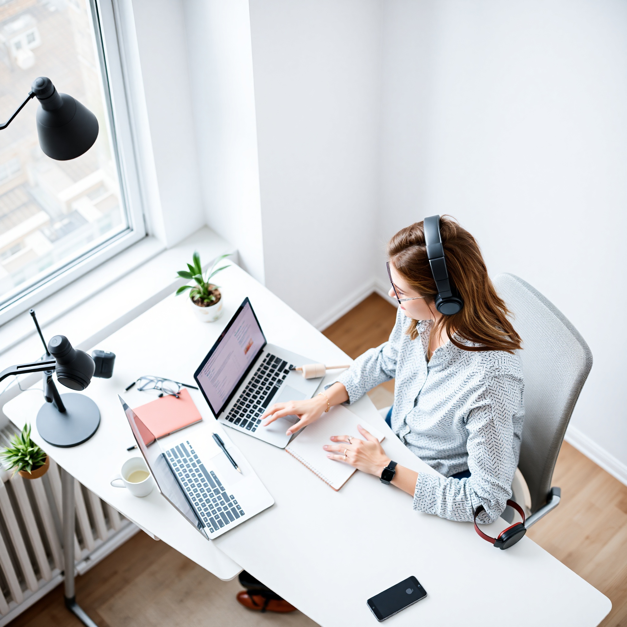 Professional content creator working at laptop with notebook and coffee, bright natural office lighting