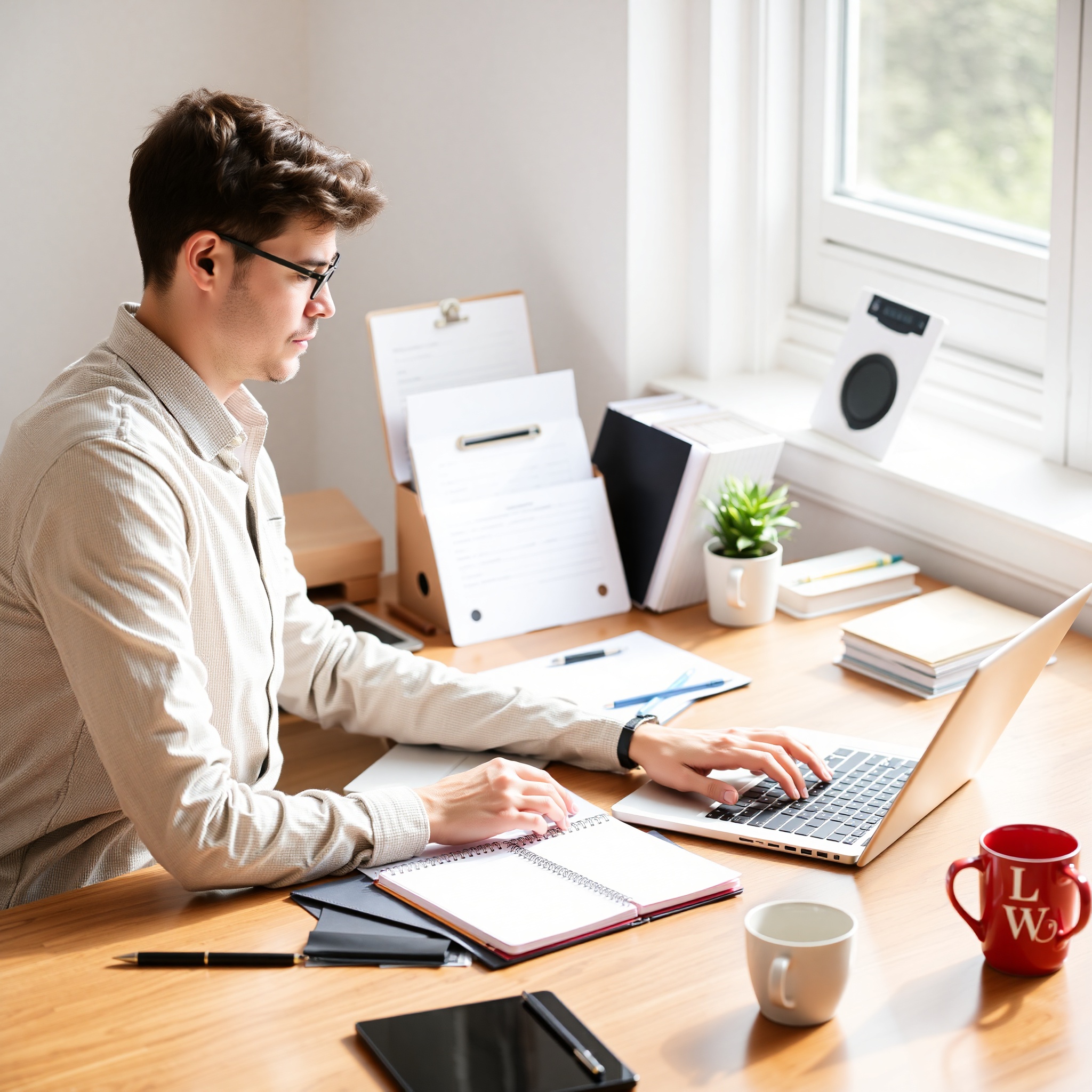 Professional writer working on content creation at desk with laptop