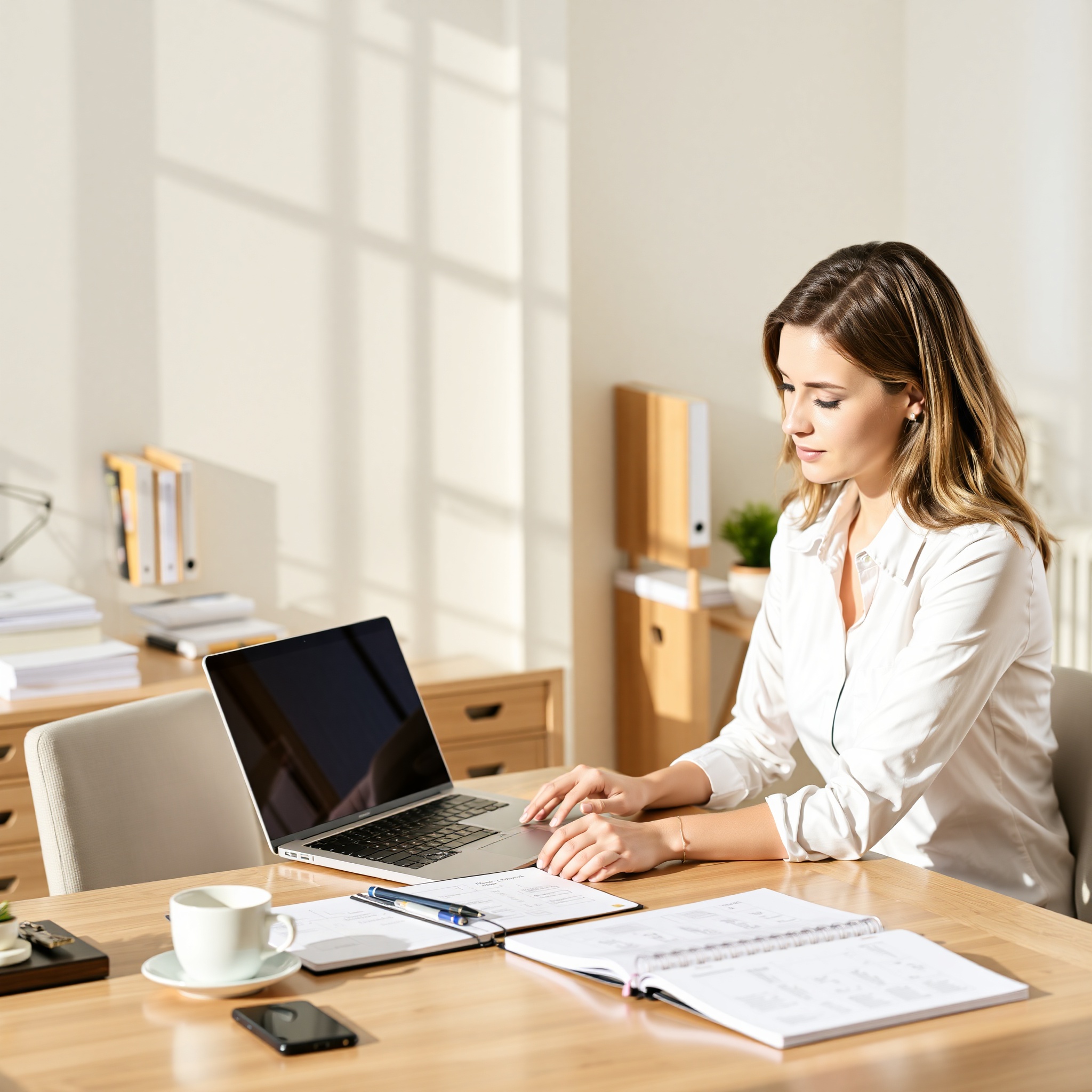 Freelance writer typing on laptop with multiple writing projects displayed on desk