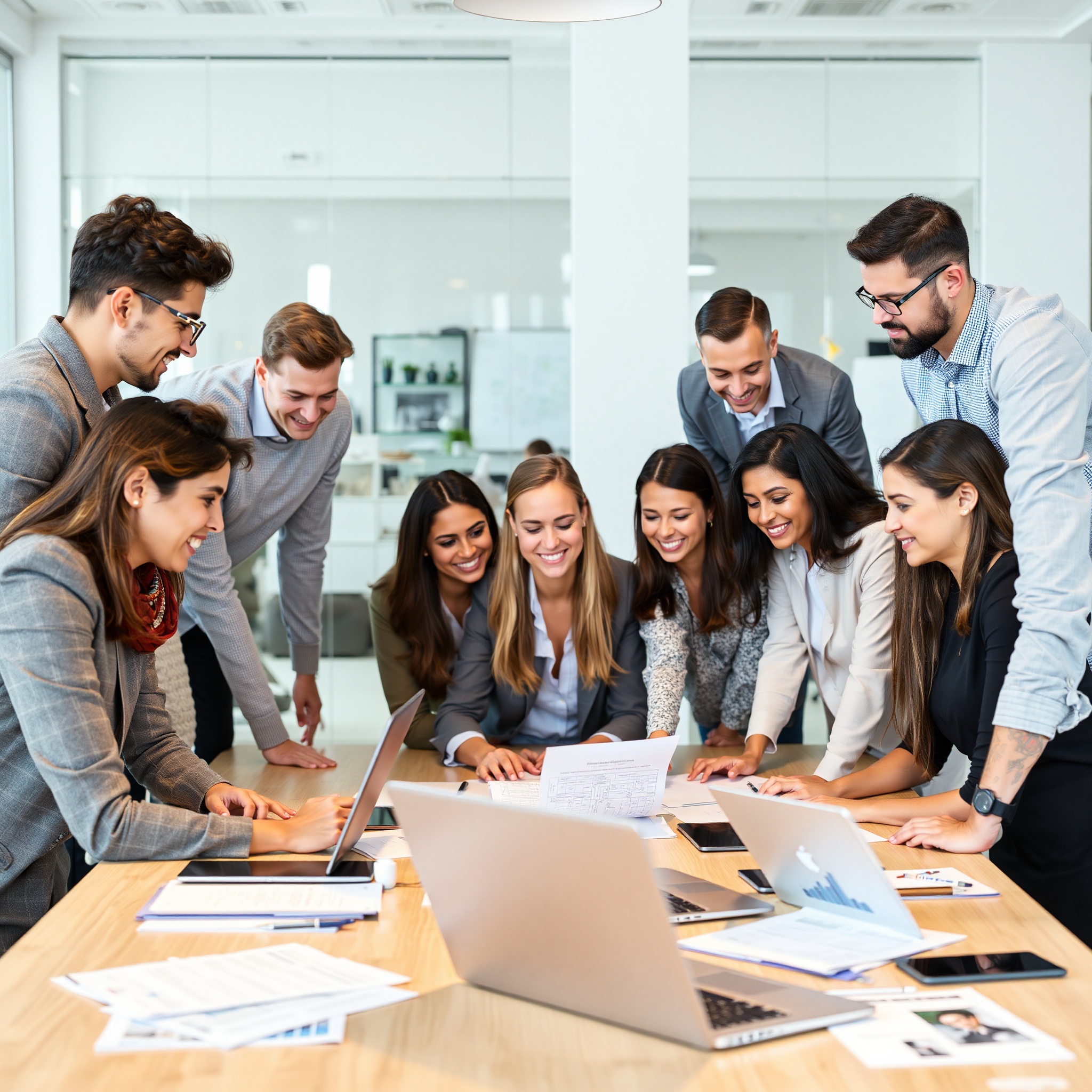 Team of diverse Canadian professionals collaborating on business project with laptops and documents