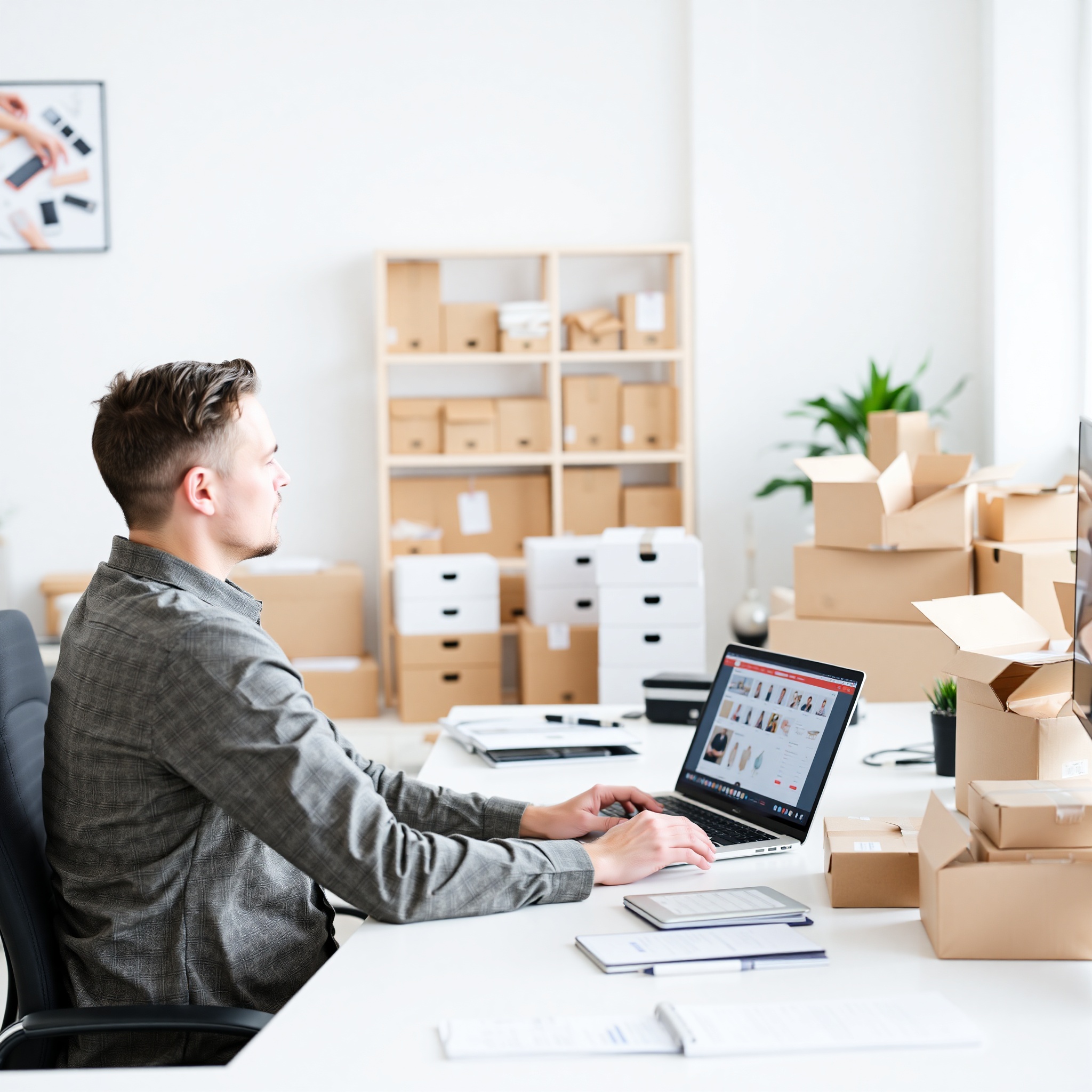 Entrepreneur managing online store inventory with laptop and shipping packages