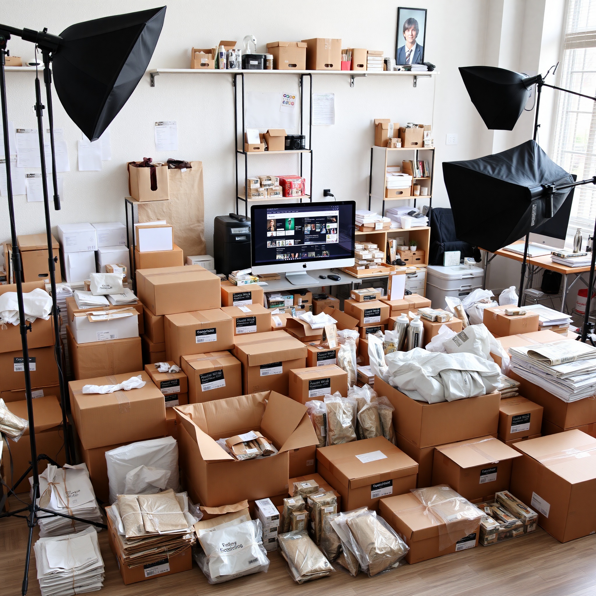 E-commerce store setup with products, packaging boxes and shipping materials on organized workspace