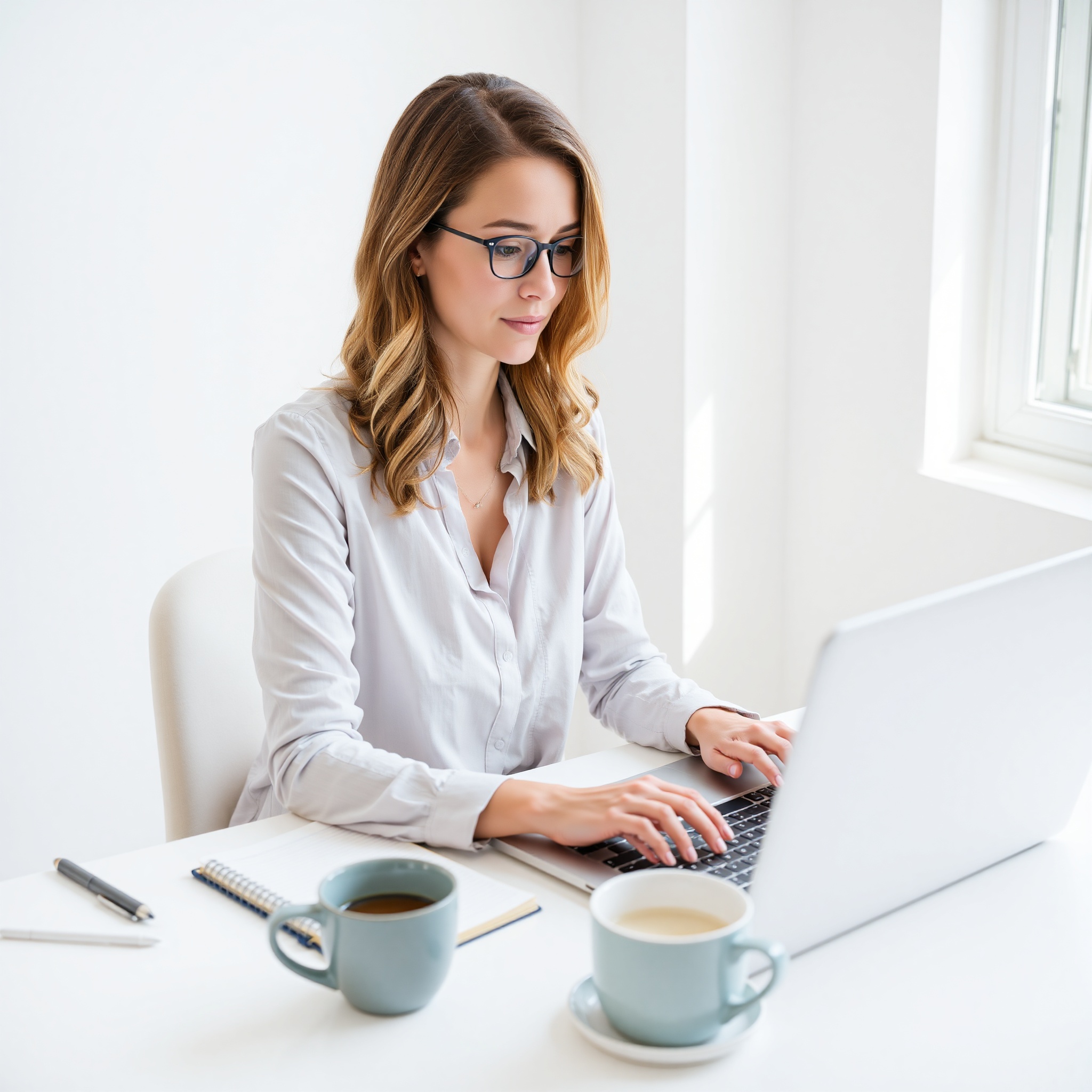 Professional writer working at laptop with content creation materials visible