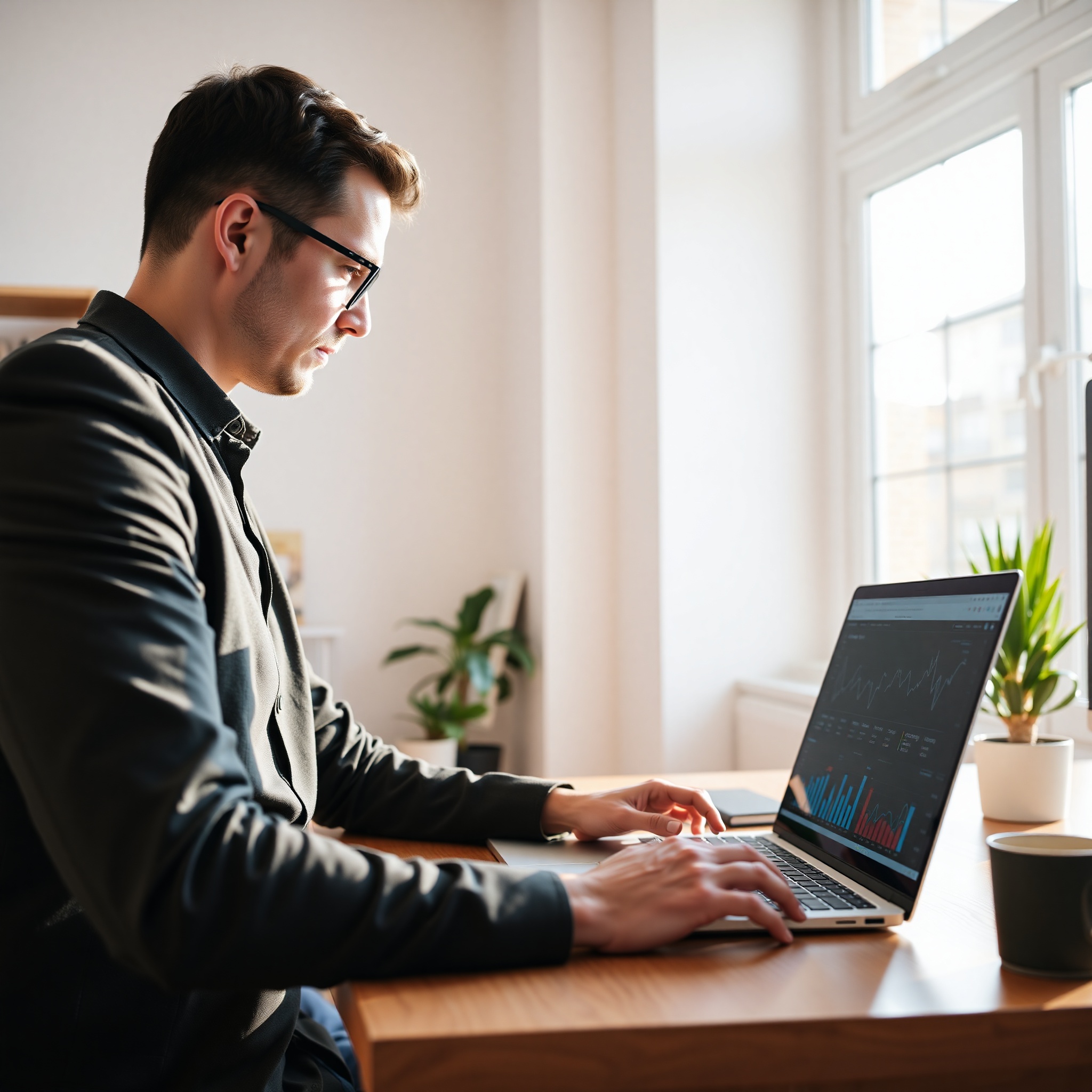 Entrepreneur reviewing online store analytics on laptop in home office