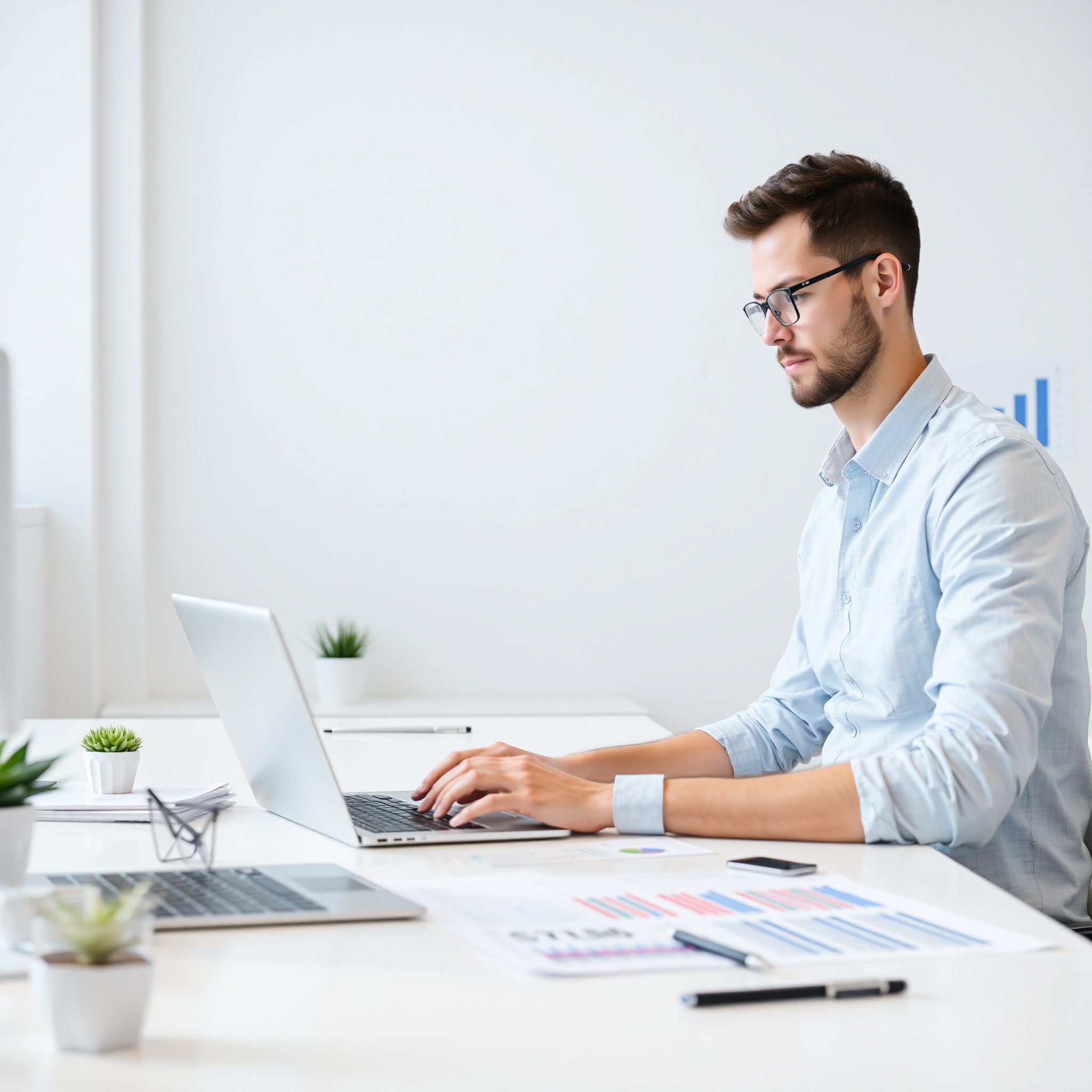 Professional entrepreneur working on laptop at modern desk with charts and growth indicators visible on screen, natural daylight from window