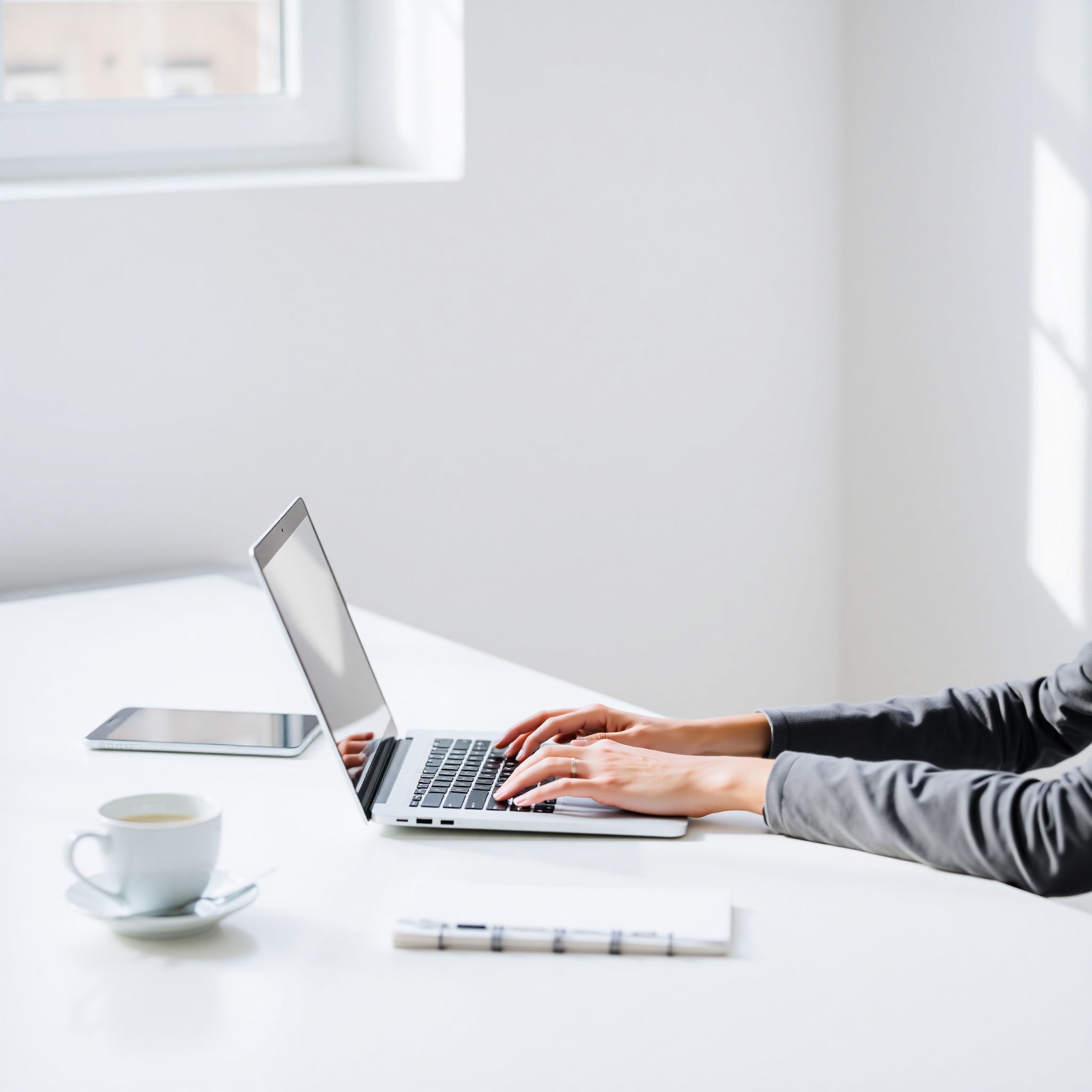 Freelancer working on laptop from home office with coffee and notebook