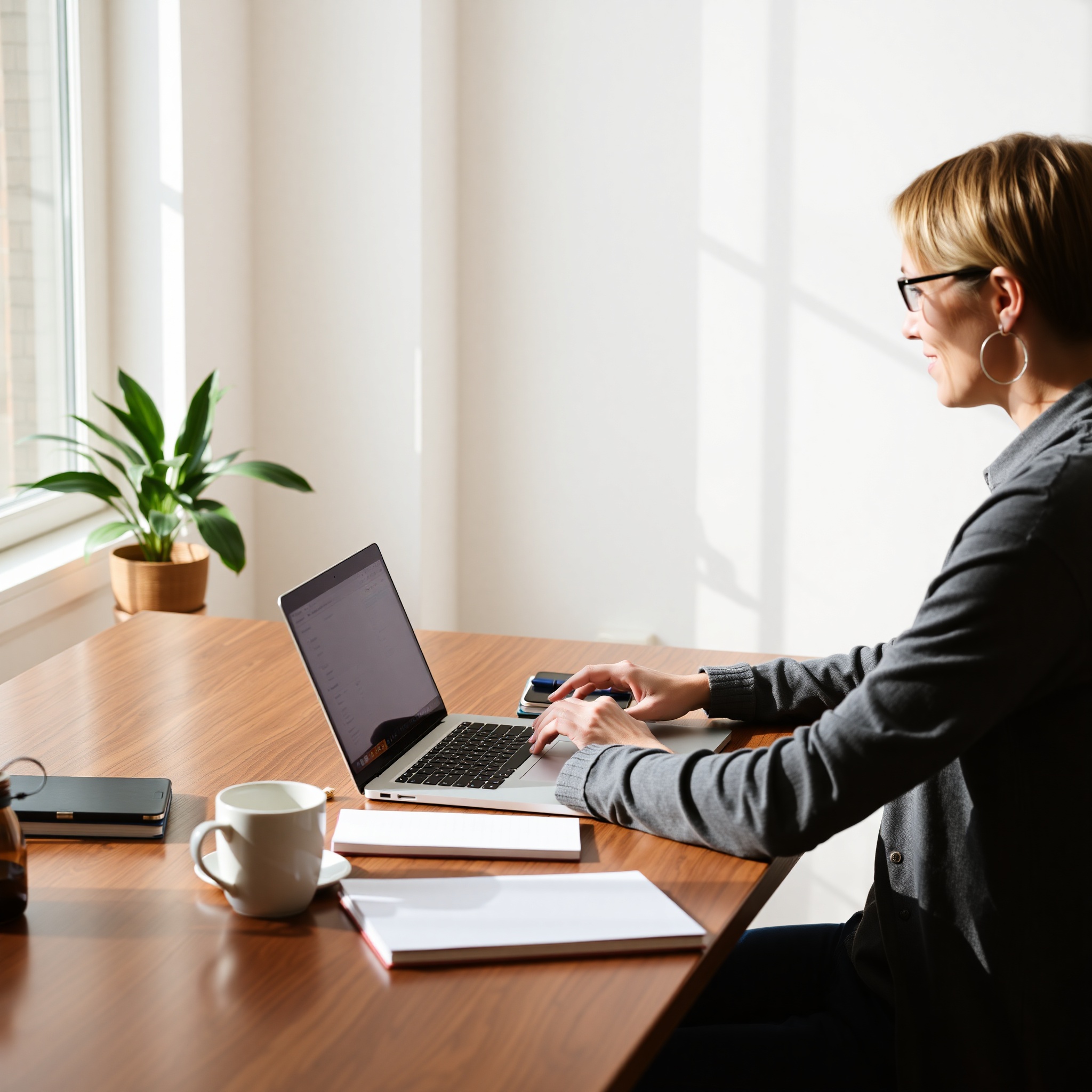 Freelancer writing content on laptop from home office with coffee and notebook