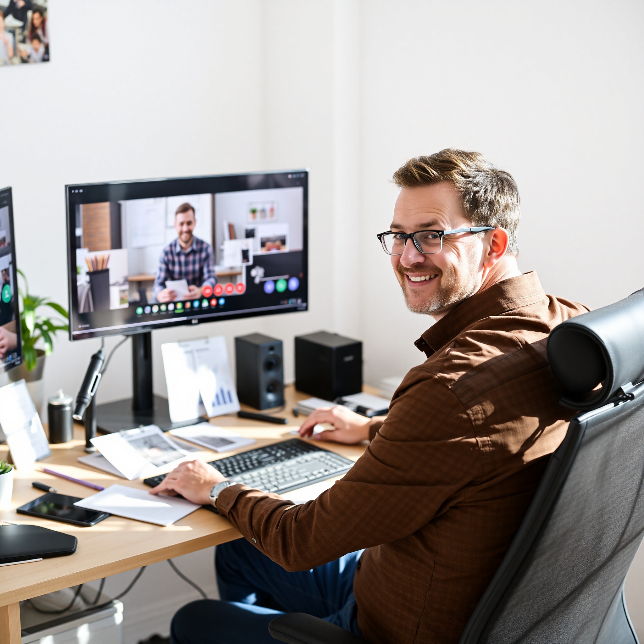 Online tutor explaining concepts to student visible on computer screen during virtual session