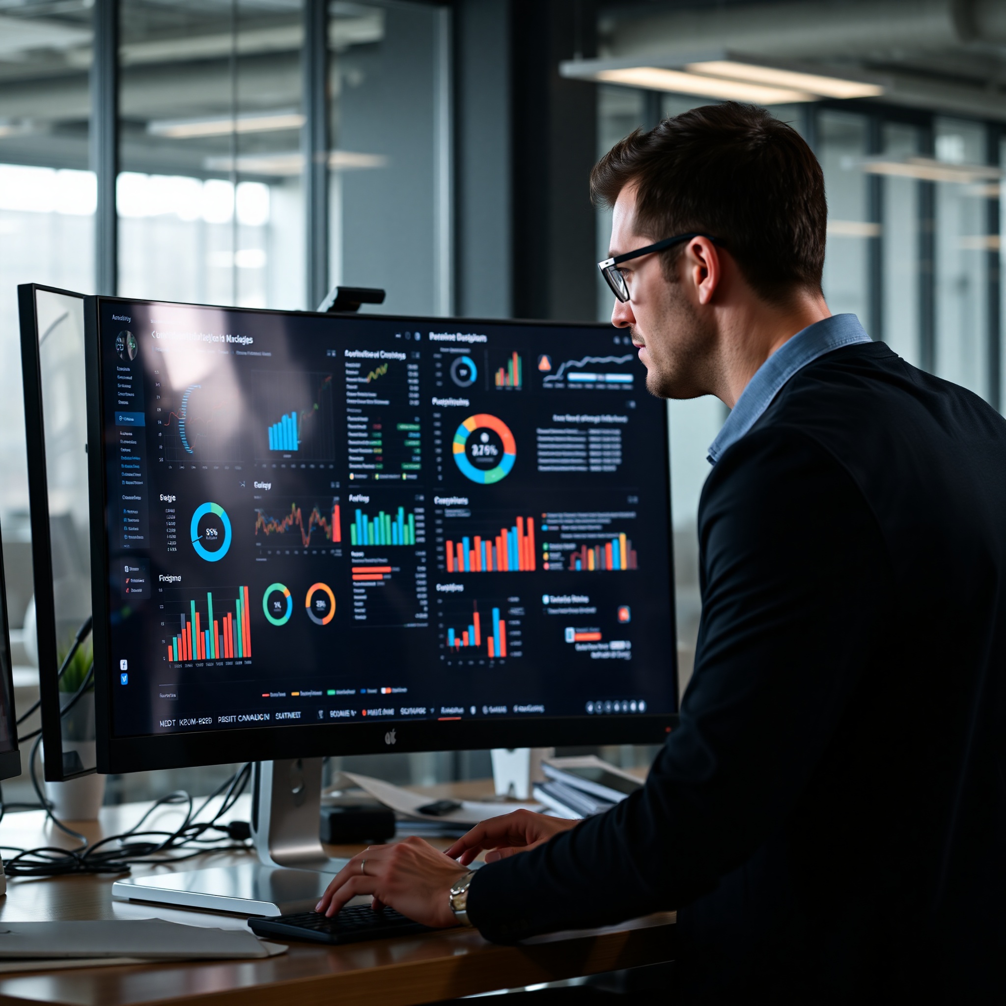 Marketing professional analyzing campaign performance metrics on desktop computer