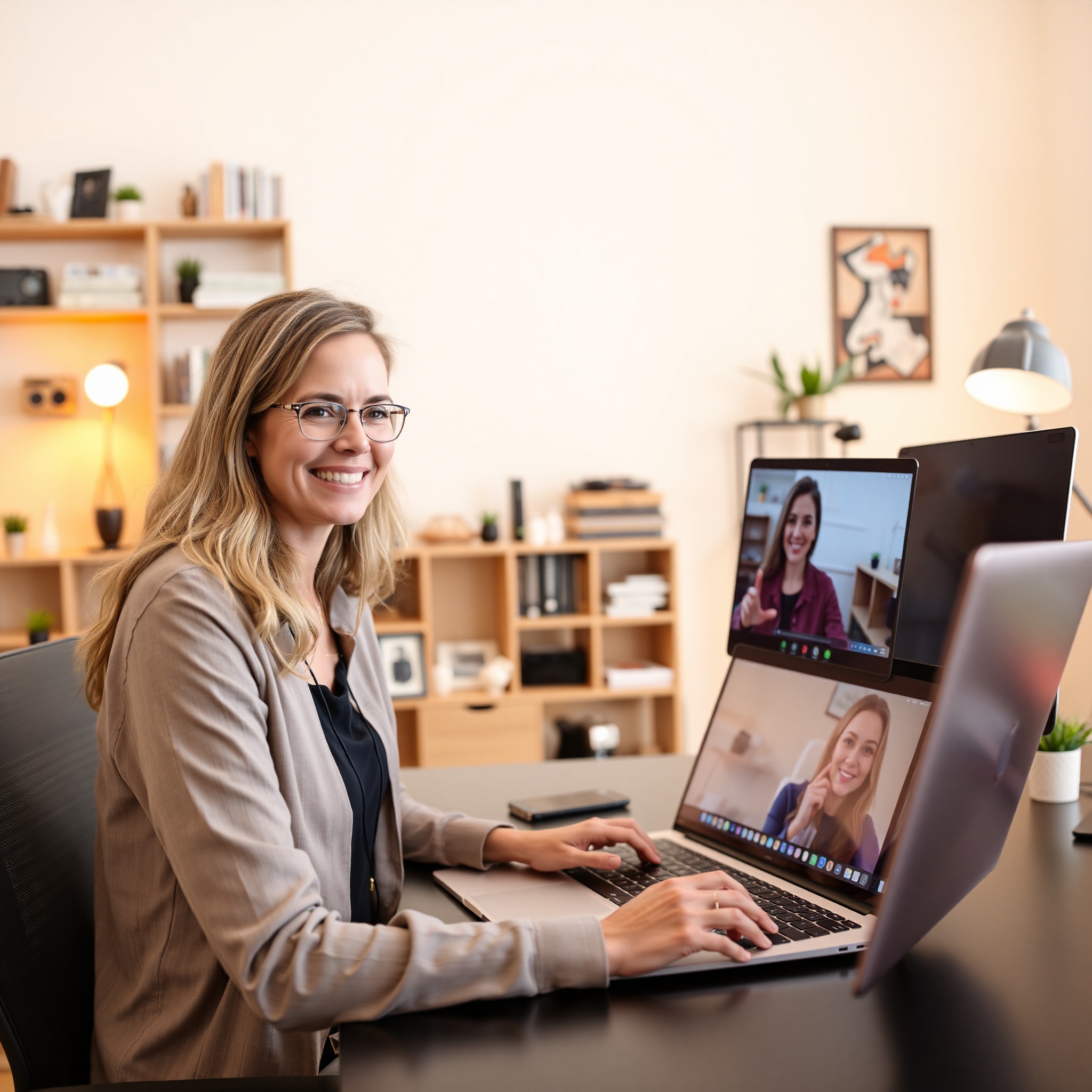 Online tutor conducting virtual lesson with student on video call