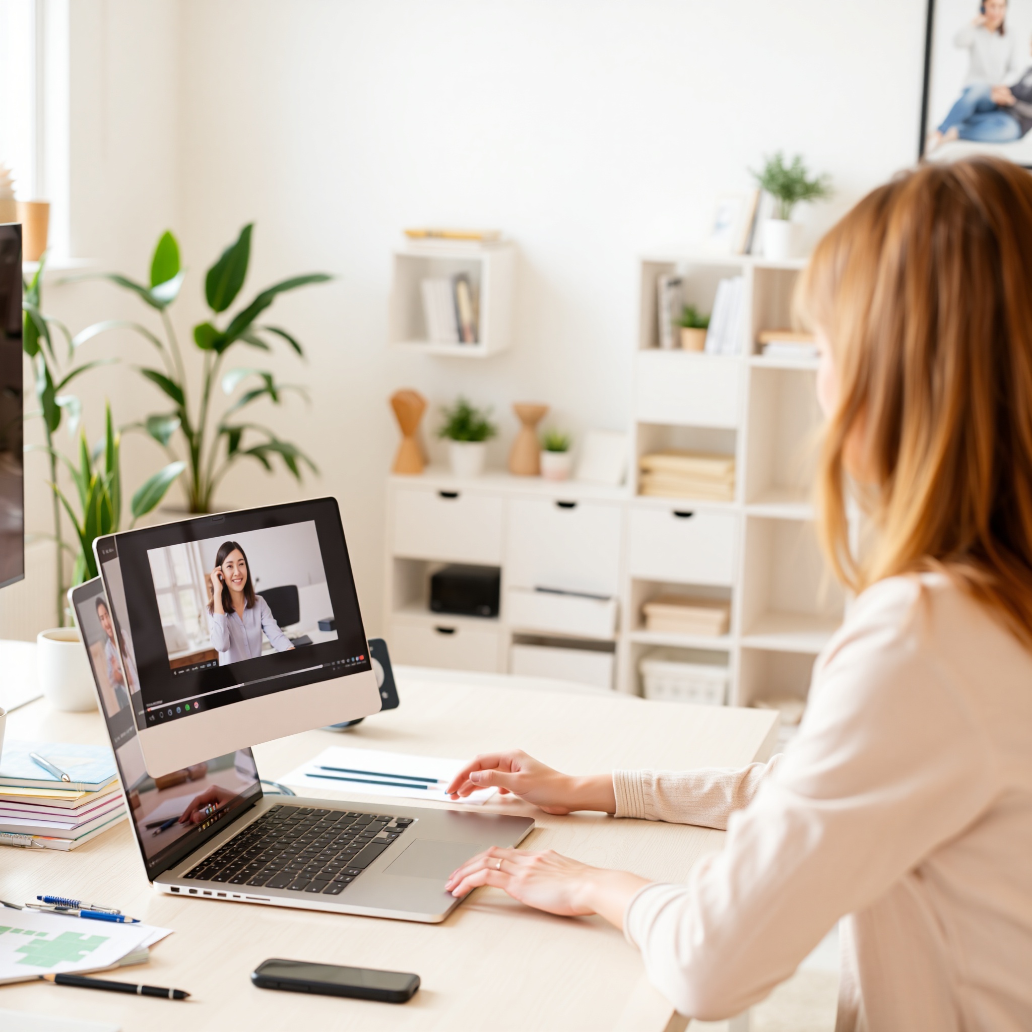 Online tutor conducting virtual lesson with student on laptop screen