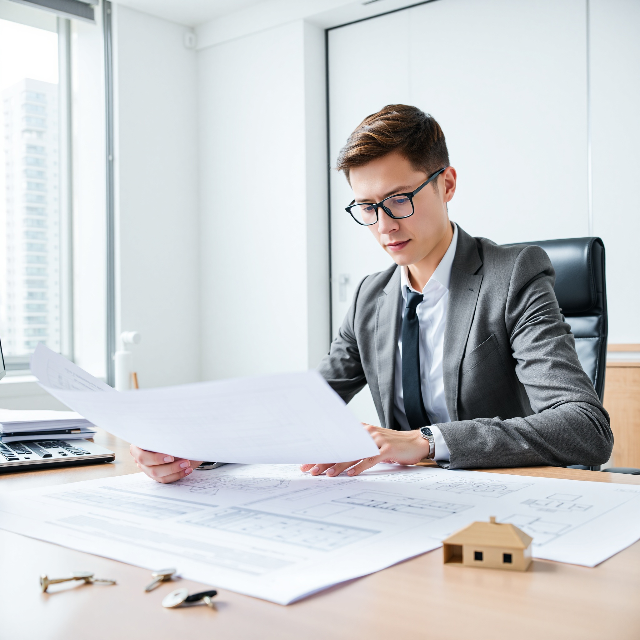 Real estate professional reviewing property documents and floor plans