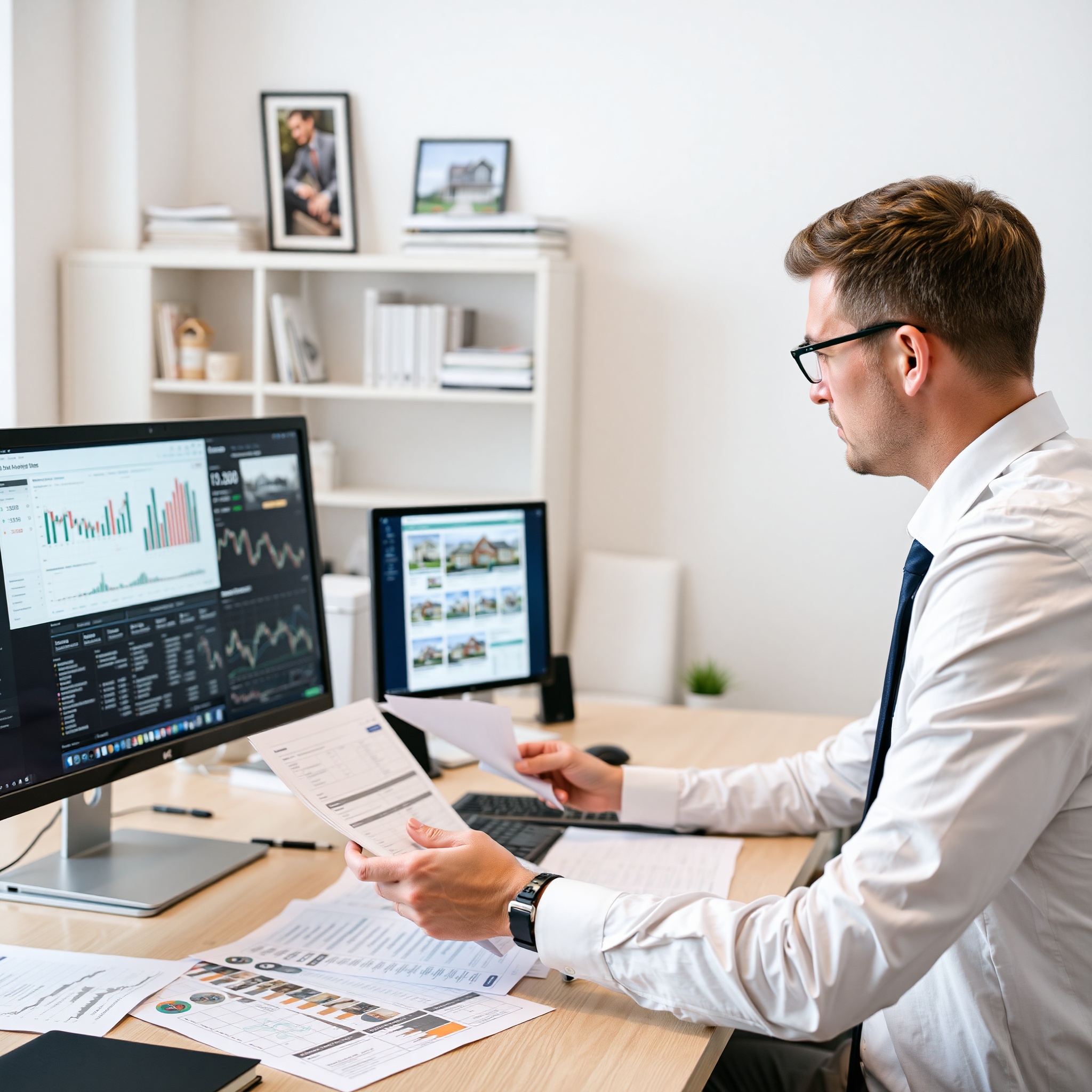 Real estate professional reviewing property investment documents and market analysis reports