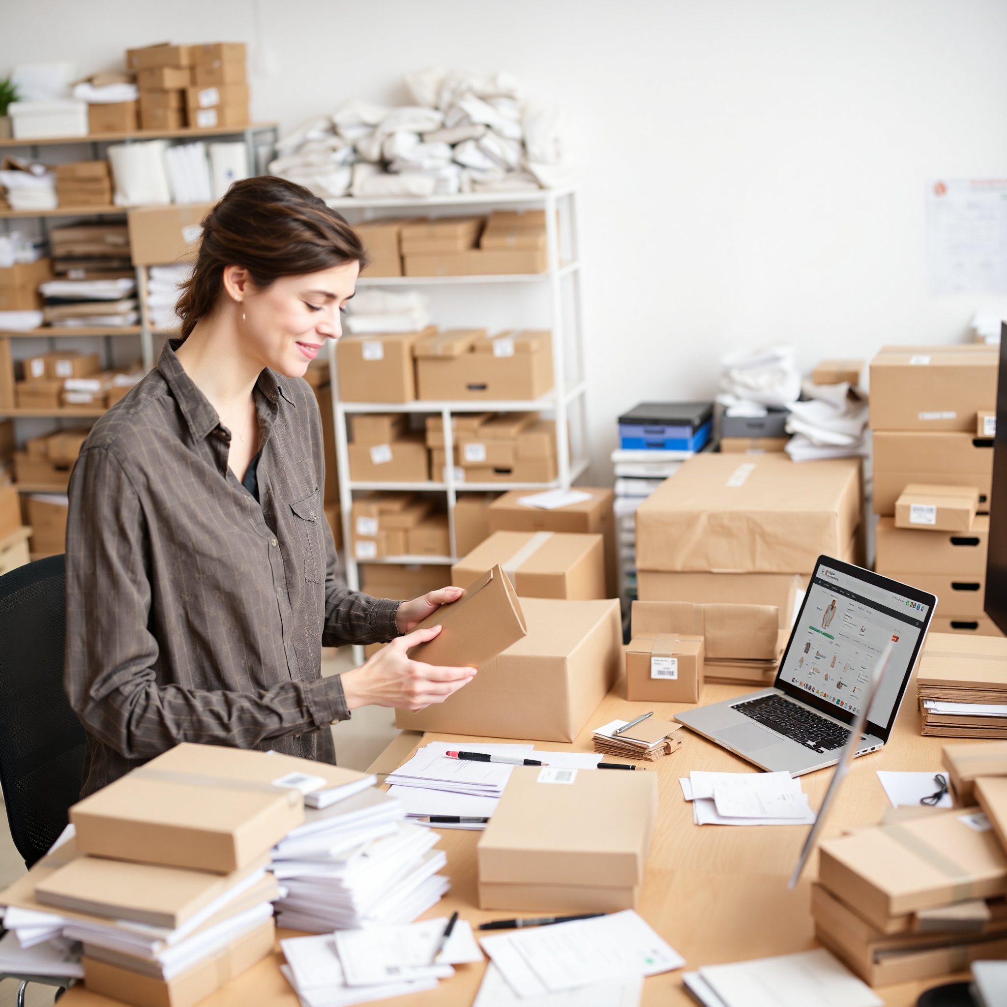 E-commerce entrepreneur managing online store inventory and shipping orders from home office