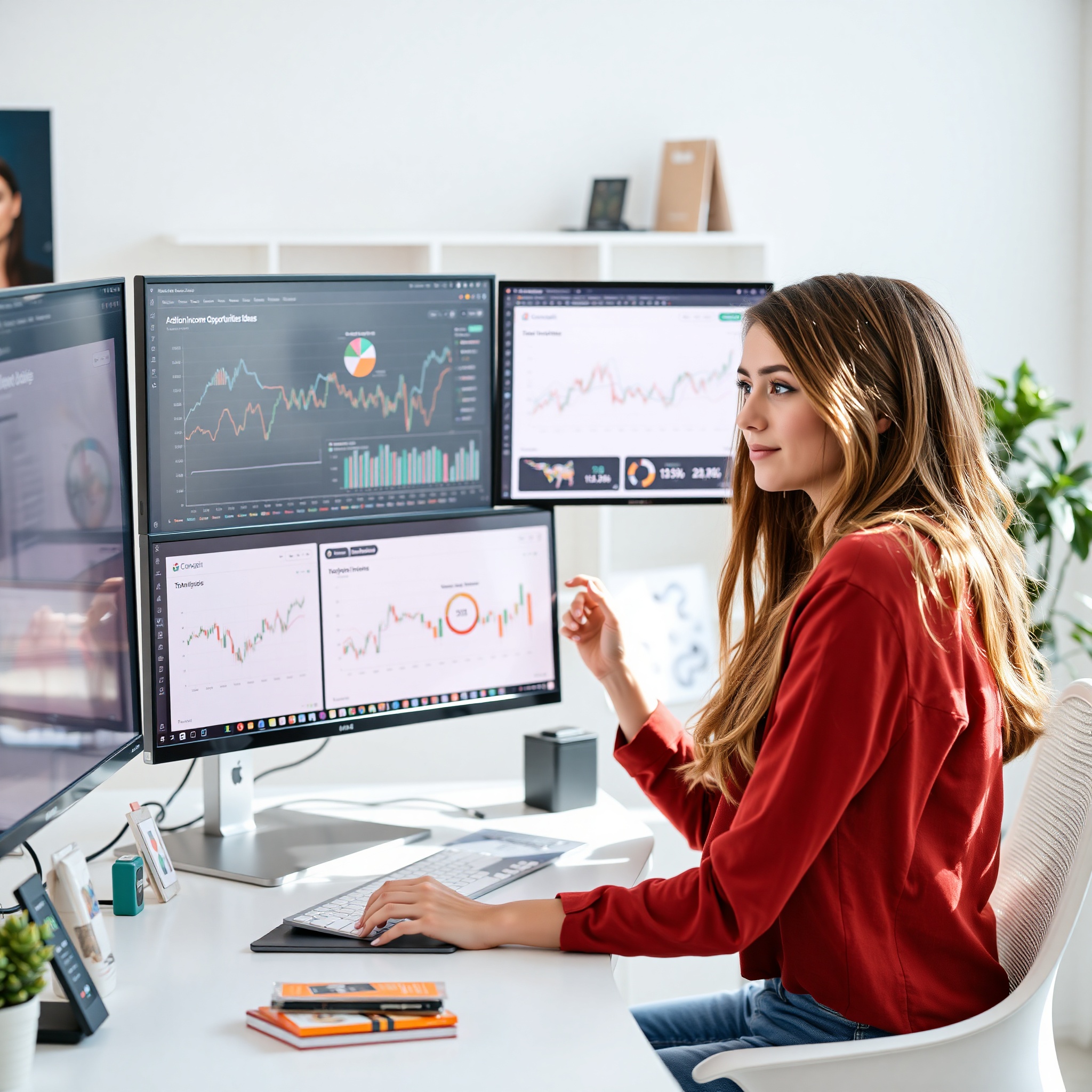 Entrepreneur analyzing e-commerce store metrics on computer screen with product samples on desk